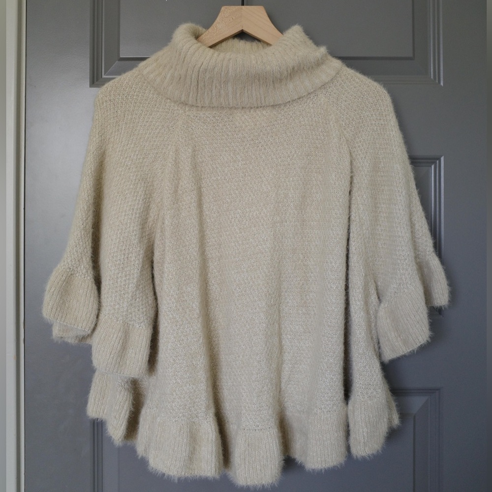 Anthropologie Ruffled Turtleneck‎ Poncho In Beige